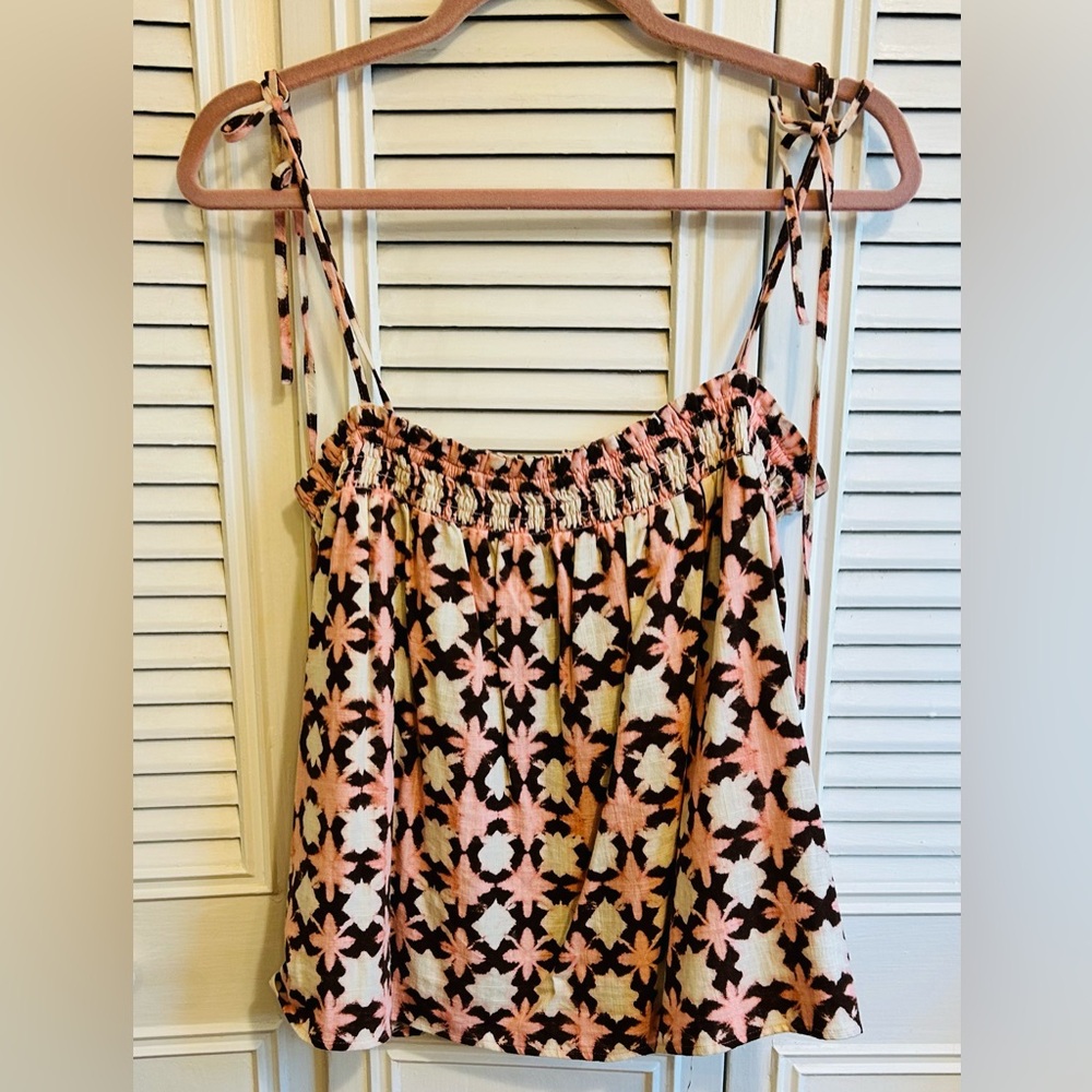 LOFT Floral Geometric Smocked Camisole in Pink, Brown & Cream